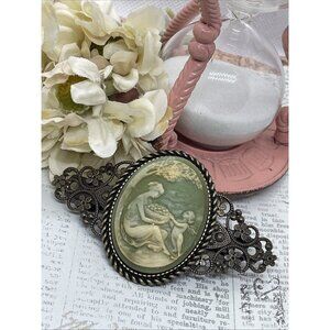 Victorian Cherub Angel Garden Green Maiden Cameo Pin Hair Clip Jewelry Comb
